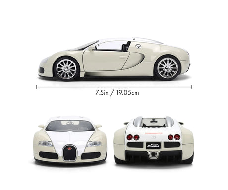 Fast & Furious 2011 Bugatti Veyron dimensions graphic showing side, front and rear views of the cream diecast car with a length of 19.05 cm.