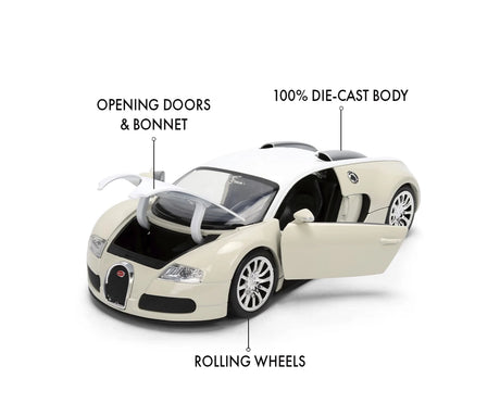 Cream Bugatti Veyron diecast model with both doors and bonnet open, showing the interior, front storage compartment and labels identifying the diecast body and rolling wheels.