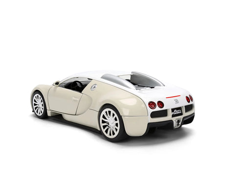 Cream Fast & Furious 2011 Bugatti Veyron viewed from the rear and side, showing silver wheels, rear lights, black rear grille and Fast & Furious number plate.