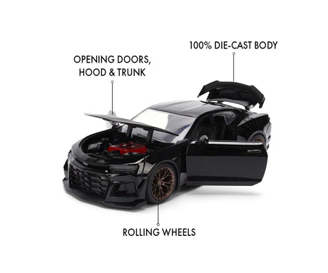Fast & Furious 2024 Chevrolet Camaro diecast model product dimensions image.