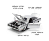 Silver 1970 Dodge Charger diecast model with the doors, bonnet and boot open, revealing the engine compartment and interior, with feature labels.