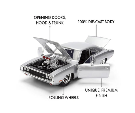 Silver 1970 Dodge Charger diecast model with the doors, bonnet and boot open, revealing the engine compartment and interior, with feature labels.
