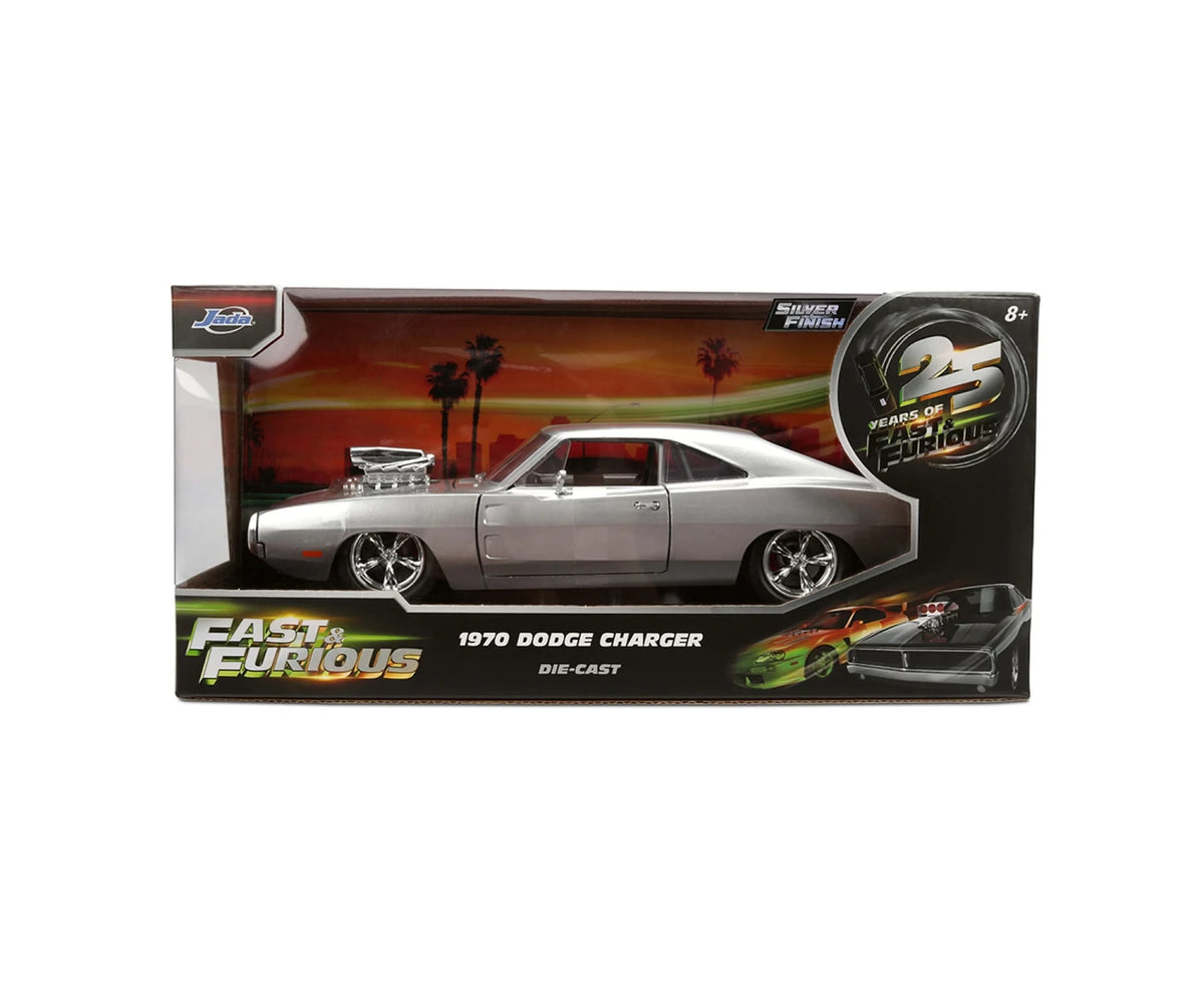 Fast & Furious Anniversary Dom's Dodge Charger in its retail display box, showing the silver diecast car, 25 Years of Fast & Furious emblem and Silver Finish branding.