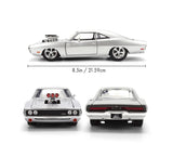 Silver Fast & Furious Dom's Dodge Charger shown from the side, front and rear, with its 21.59 cm length marked above the front and rear views.