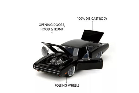 Fast & Furious 1970 Dodge Charger 1:24 diecast with hood, trunk and doors open, highlighting 100% die-cast body, opening doors, detailed engine bay and rolling wheels