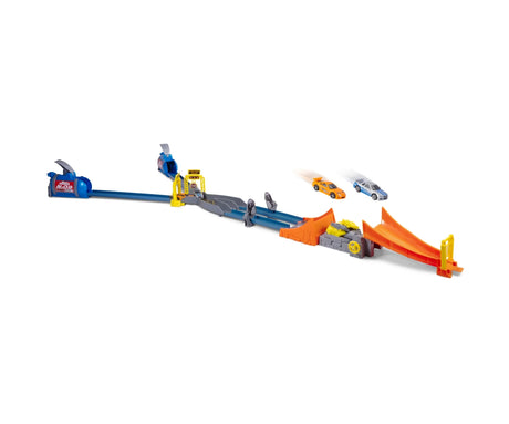 Fast & Furious Nitro Blast racing track with two blue launchers, blue track sections, grey crash zone, orange jump ramp and two diecast cars.