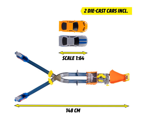 Overhead view of the Fast & Furious Nitro Blast track showing two blue launchers, twin racing lanes, an orange jump ramp and a 148 cm measurement, with separate overhead images of the included orange and silver 1:64 diecast cars.