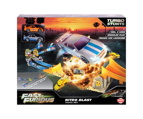 Fast & Furious Nitro Blast retail box with orange and silver diecast cars displayed in the upper left, a silver car jumping over an explosion graphic, Turbo Stunts branding and a 120 cm track illustration.