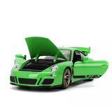 Fast & Furious Porsche 911 GT3 2007 1:24 scale diecast with front hood and passenger door open, showing detailed engine bay and interior