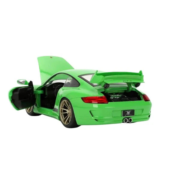 Fast & Furious Porsche 911 GT3 2007 1:24 diecast model shown from the rear with both doors open and engine bay visible