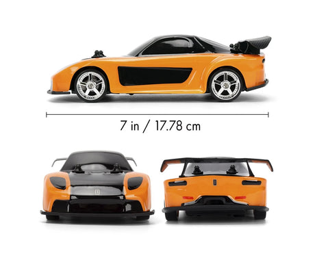 Fast & Furious RC Drift Mazda RX-7 dimensions graphic showing side, front and rear views of the orange car with a length of 17.78 cm.