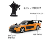 Fast & Furious orange Mazda RX-7 with black remote controller and labels showing 2.4 GHz turbo boost, full function control, drift feature and support for up to 8 vehicles.