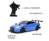 Blue Fast & Furious RC Nissan GT-R R35 and black controller with labels for 2.4 GHz turbo boost, full function radio control, drift feature and up to eight vehicles.