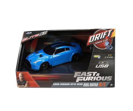 Fast & Furious RC Drift 2009 Nissan GT-R R35 Ben Sopra in black retail packaging with blue car, Drift Power Slide graphics and USB charging icon.
