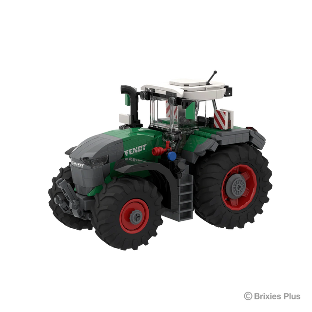 BRIXIES Plus Fendt 1052 Vario viewed from the front side with the front linkage, Fendt bonnet, red and blue hydraulic connections and enclosed cab visible
