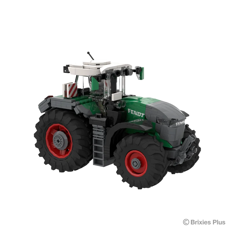 Front angled view of the BRIXIES Plus Fendt 1052 Vario showing the grey front linkage, green bonnet, cab glazing and side access ladder
