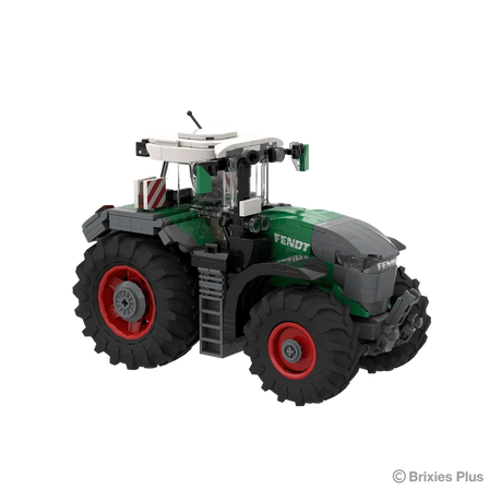 Front angled view of the BRIXIES Plus Fendt 1052 Vario showing the grey front linkage, green bonnet, cab glazing and side access ladder