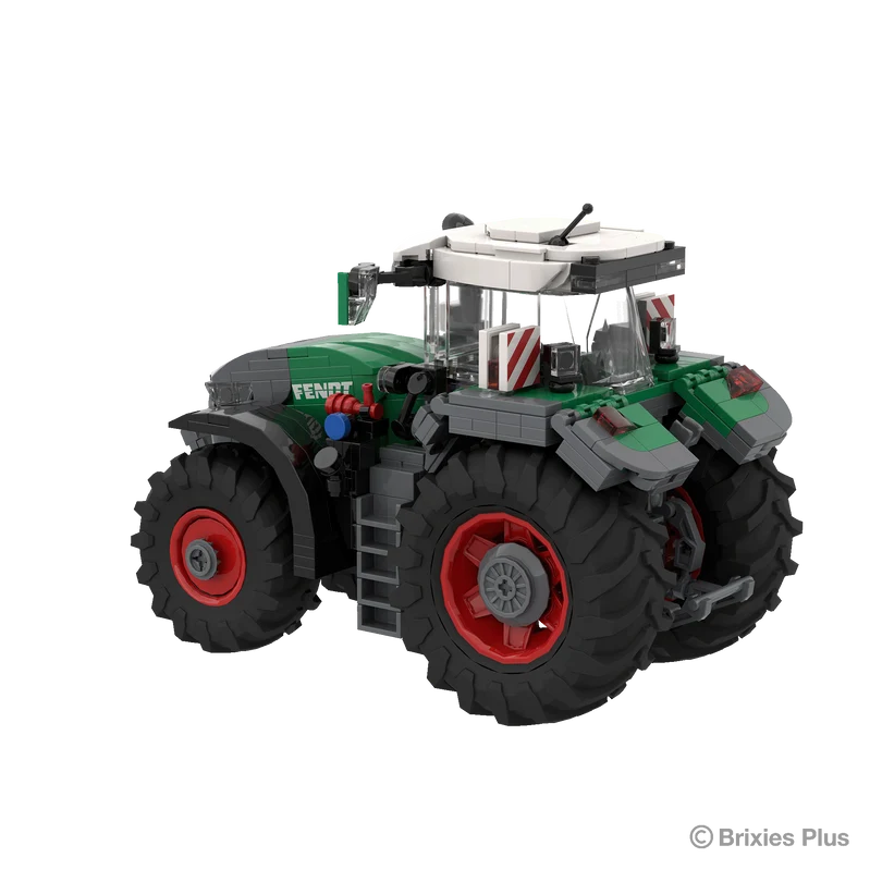 Rear angled view of the BRIXIES Plus Fendt 1052 Vario showing the rear hitch, hydraulic connections, warning panels and large rear wheels