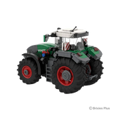 Rear angled view of the BRIXIES Plus Fendt 1052 Vario showing the rear hitch, hydraulic connections, warning panels and large rear wheels