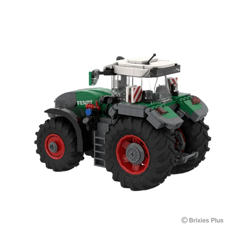 Rear angled view of the BRIXIES Plus Fendt 1052 Vario showing the rear hitch, hydraulic connections, warning panels and large rear wheels