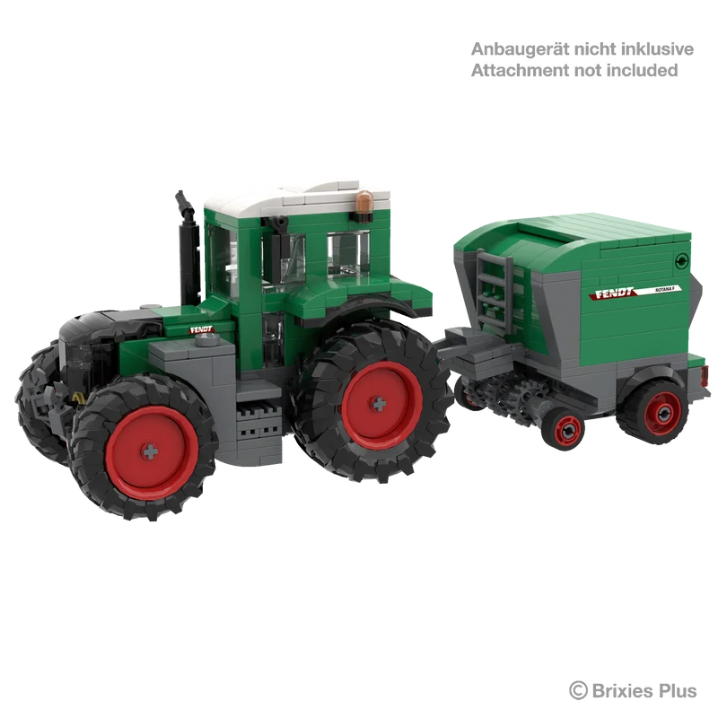 BRIXIES Plus Fendt 616 Vario connected to a green Fendt baler for display, with the attachment marked as not included