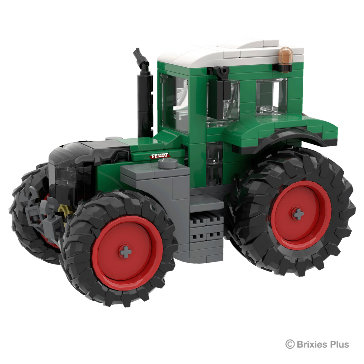 Front angled view of the BRIXIES Plus Fendt 616 Vario showing the dark front grille, green bonnet, enclosed cab and large rear tyre
