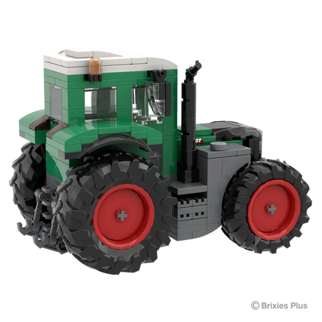 Rear angled view of the BRIXIES Plus Fendt 616 Vario showing the rear linkage, enclosed cab, exhaust stack and large rear wheel