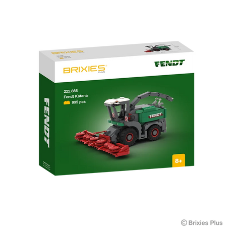 BRIXIES Plus Fendt Katana 65 building set in its green Fendt retail box with the completed forage harvester and red harvesting header pictured on the front