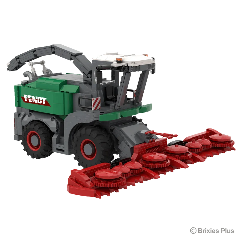 Front left view of the BRIXIES Plus Fendt Katana 65 showing the wide red harvesting header, cab, green forage harvester body and raised discharge spout