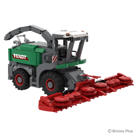 Front left view of the BRIXIES Plus Fendt Katana 65 showing the wide red harvesting header, cab, green forage harvester body and raised discharge spout