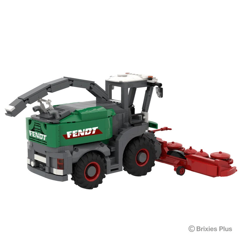 BRIXIES Plus Fendt Katana 65 forage harvester viewed from the rear left with the discharge spout raised, green bodywork, red rimmed wheels and harvesting header extending forward