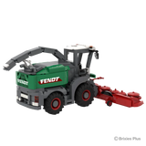 BRIXIES Plus Fendt Katana 65 forage harvester viewed from the rear left with the discharge spout raised, green bodywork, red rimmed wheels and harvesting header extending forward