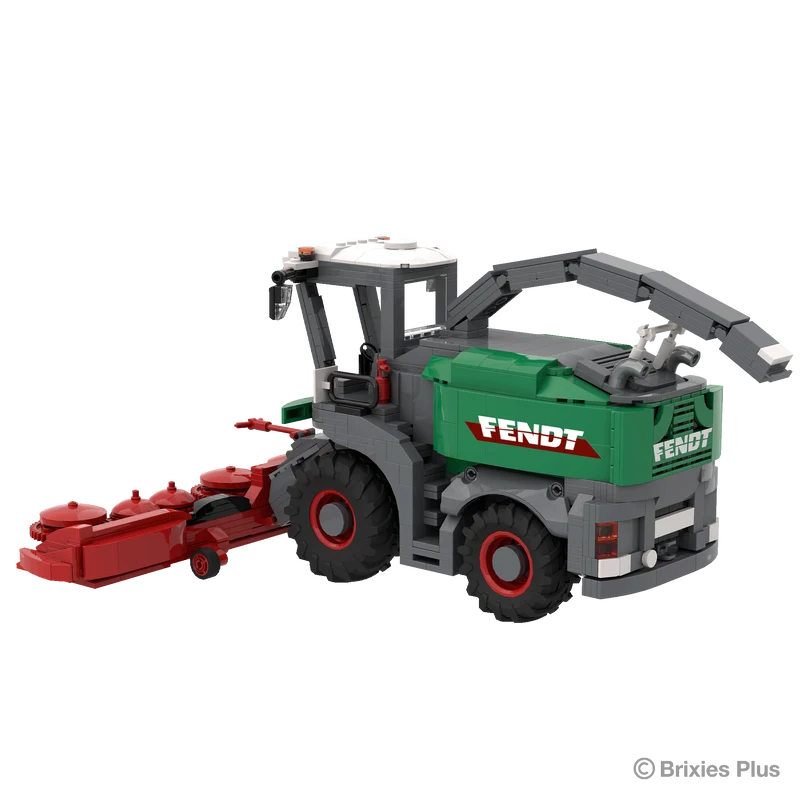 Rear right view of the BRIXIES Plus Fendt Katana 65 showing the green rear body, raised discharge spout, red rimmed wheels and harvesting header extending left