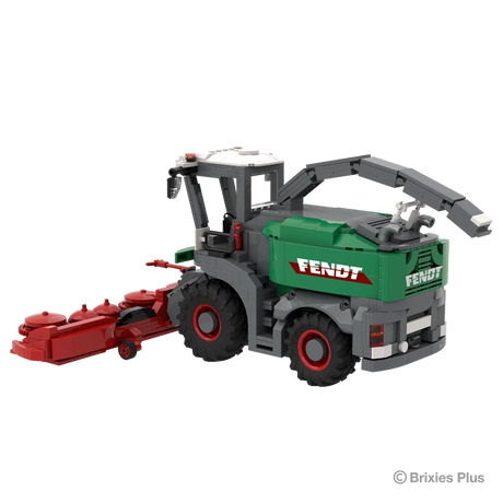 Rear right view of the BRIXIES Plus Fendt Katana 65 showing the green rear body, raised discharge spout, red rimmed wheels and harvesting header extending left