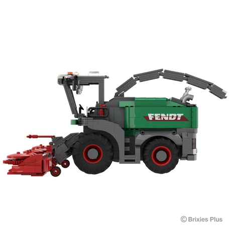 BRIXIES Plus Fendt Katana 65 in side profile with the red harvesting header extending left, enclosed cab, green side panels and large rear wheel visible