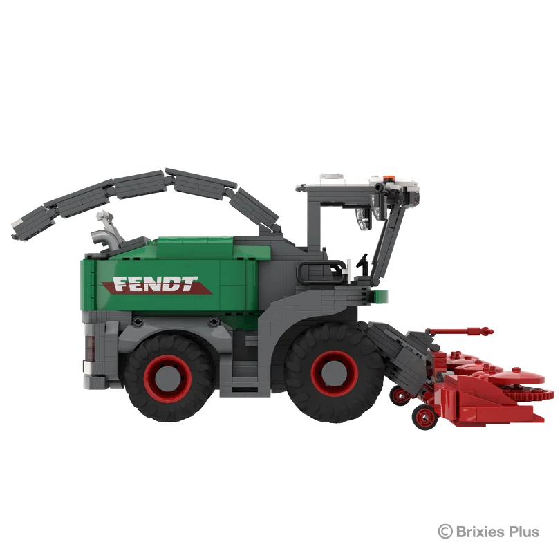 BRIXIES Plus Fendt Katana 65 in side profile with the harvesting header extending right, green Fendt bodywork, enclosed cab and large agricultural wheels visible