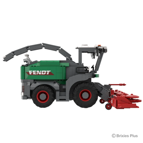 BRIXIES Plus Fendt Katana 65 in side profile with the harvesting header extending right, green Fendt bodywork, enclosed cab and large agricultural wheels visible
