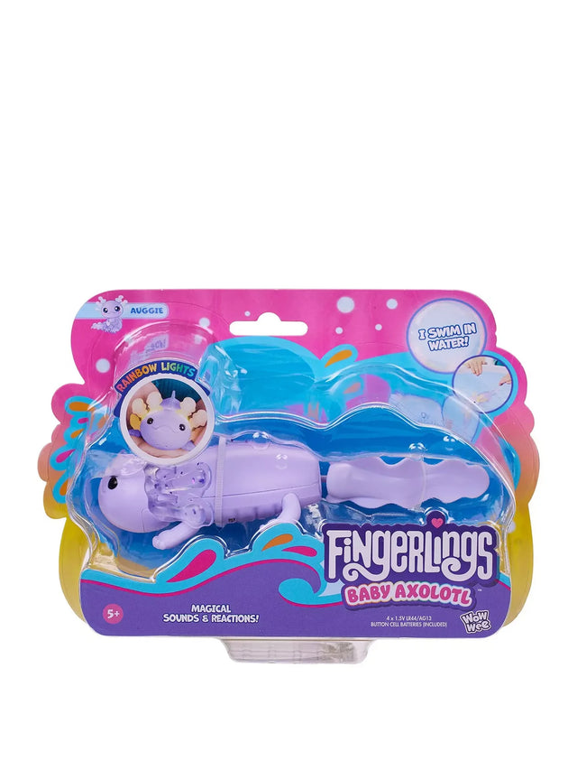 Fingerlings Baby Axolotl Auggie in retail packaging with pink and blue background and rainbow light feature in Ireland