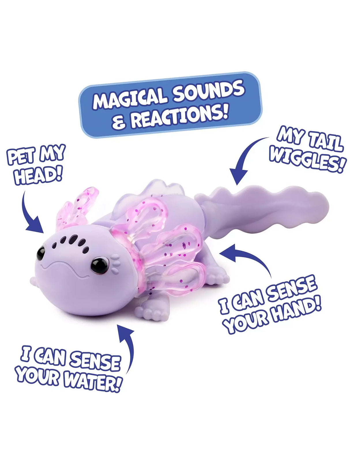 Fingerlings Baby Axolotl showing magical sounds and reactions with labelled features and rainbow light effects in Ireland
