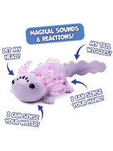 Fingerlings Baby Axolotl showing magical sounds and reactions with labelled features and rainbow light effects in Ireland