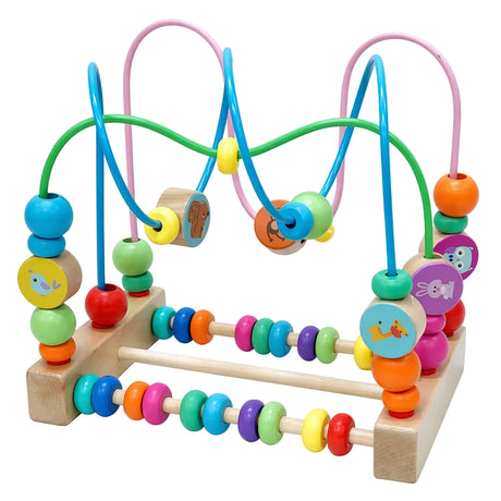 First Learning wooden bead maze activity toy with bright bead tracks, animal picture discs, and a wooden frame