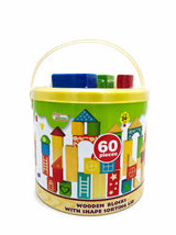 First Learning wooden blocks tub with shape sorting lid and 60 pieces label on the front 