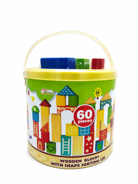 First Learning 60 piece wooden blocks bucket with carry handle and coloured blocks visible at the top