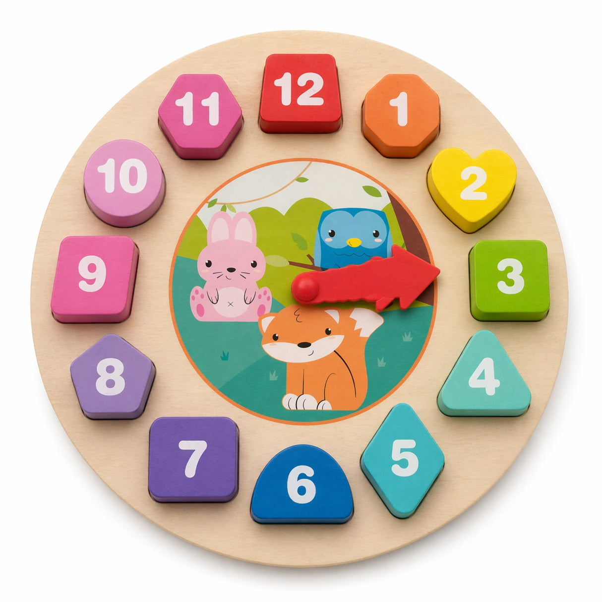 Wooden learning clock toy with colourful shape pieces, red hand, and fox, rabbit and bird centre illustration