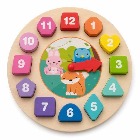 Round wooden shape sorting clock with numbered pastel blocks from 1 to 12
