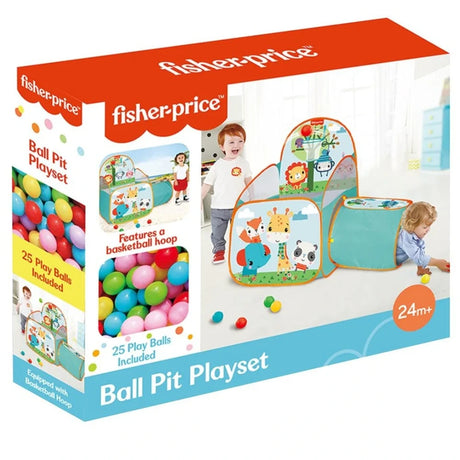 Fisher-Price Ball Pit Playset box showing pop up tent, attached ball pit and 25 play balls