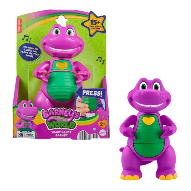 Fisher-Price Barney's World Heart Hands Barney figure shown beside the Barney's World retail packaging
