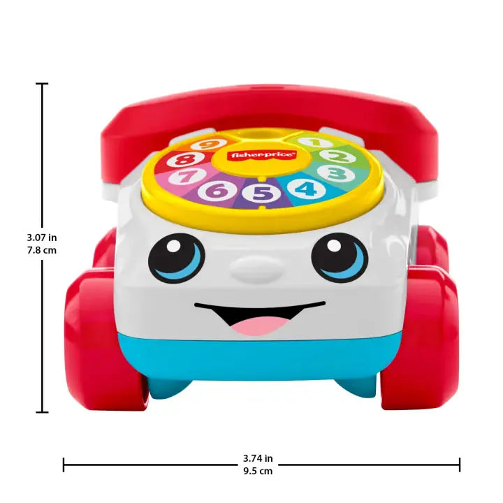 Front view of the Fisher-Price Chatter Telephone Vehicle showing its dimensions