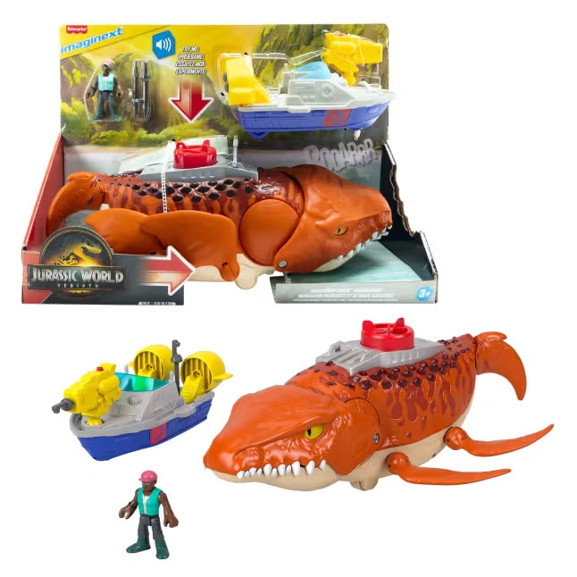 Fisher-Price Imaginext Aquachomp Mosasaurus boxed set with dinosaur, patrol boat and figure