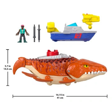 Fisher-Price Imaginext Aquachomp Mosasaurus with patrol boat, figure, projectiles and product dimensions